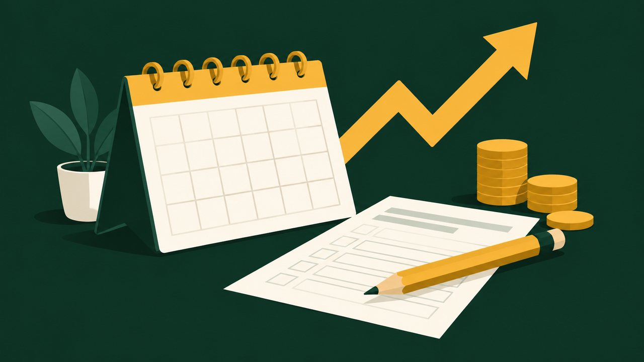 Editorial illustration of a 2026 calendar page with a tax form and an upward arrow, in coral and ink navy